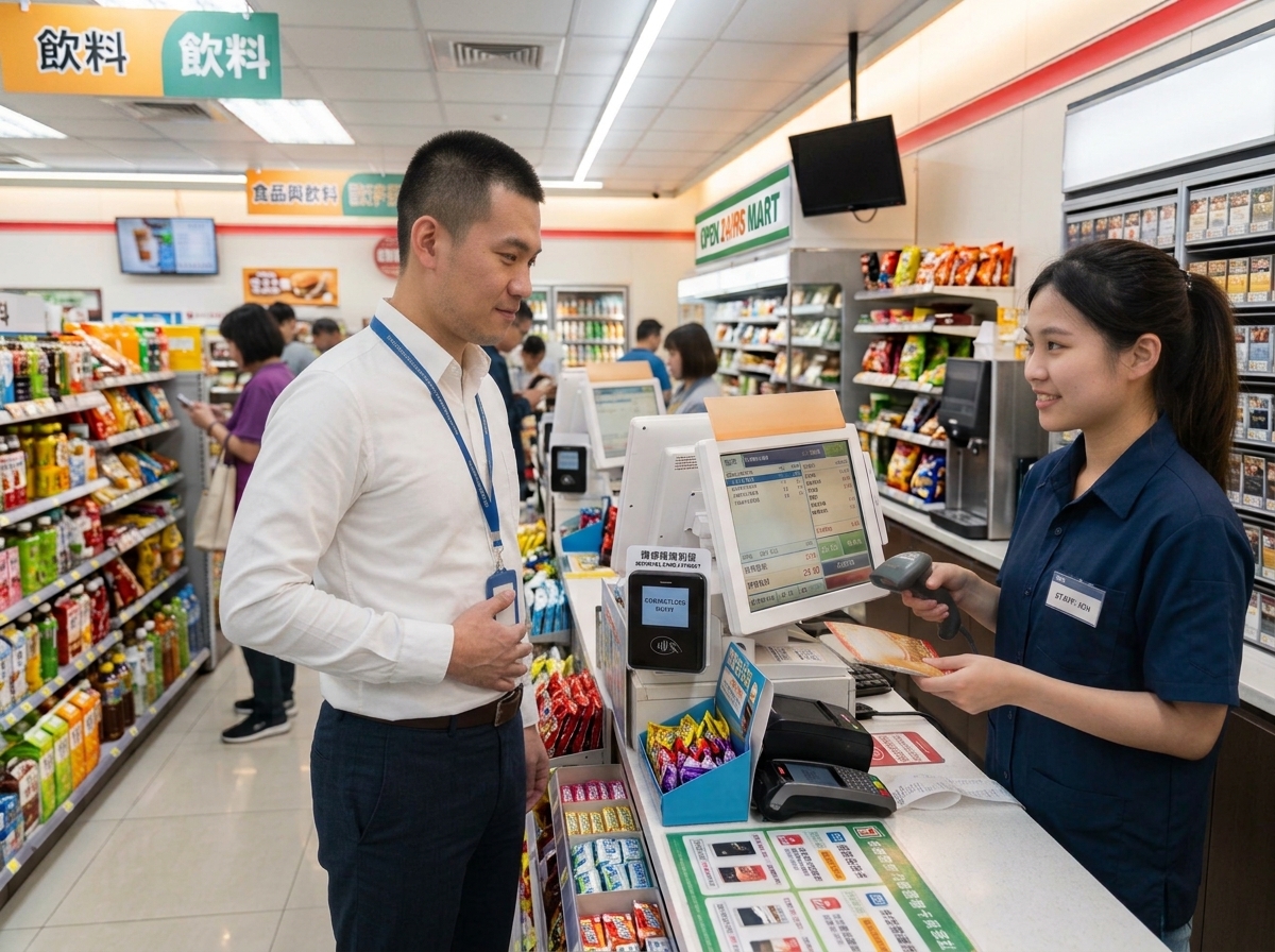 便利商店收銀櫃檯前員工持識別證感應結帳
