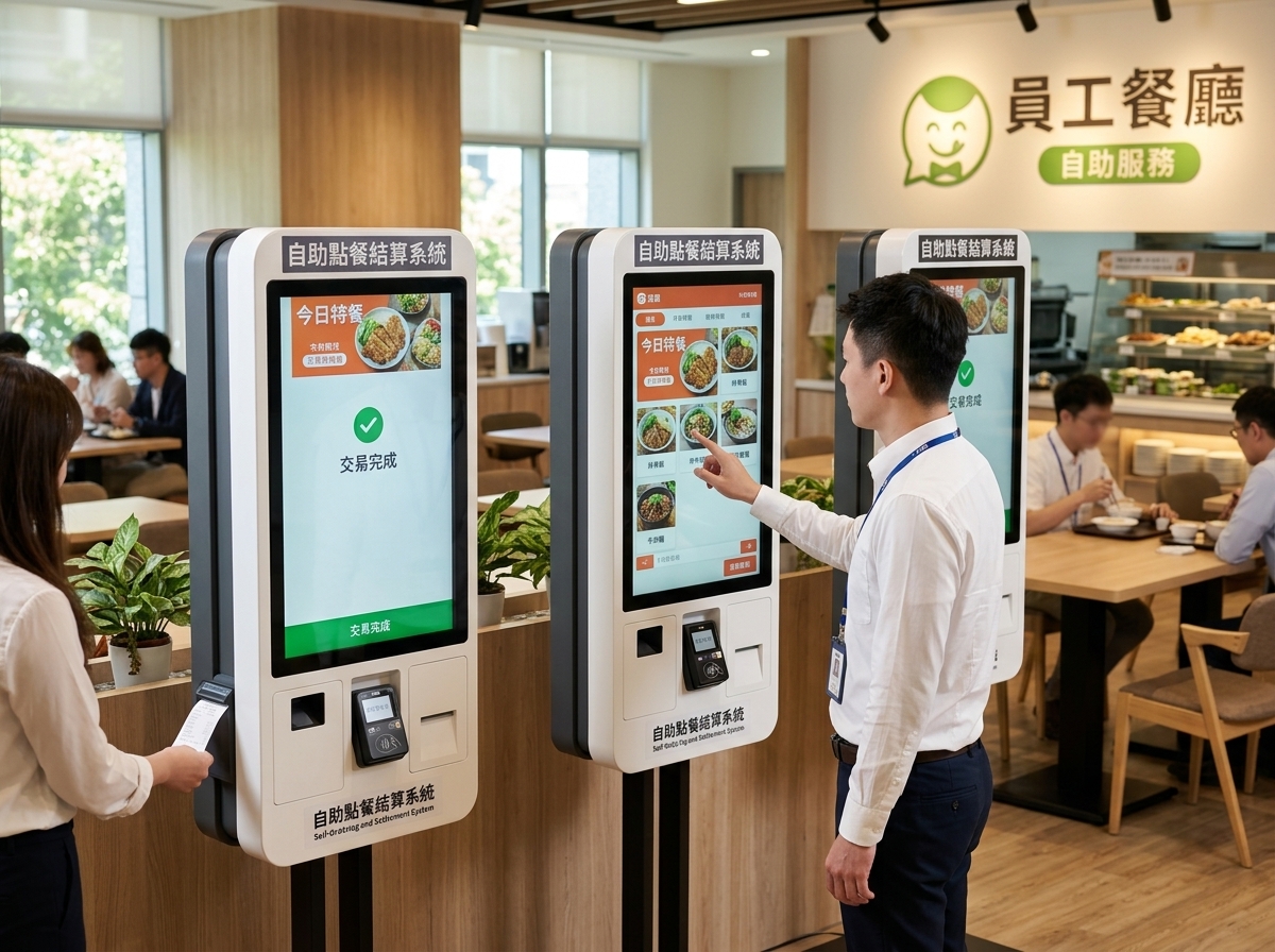 員工餐廳多台自助點餐結算機台使用情境